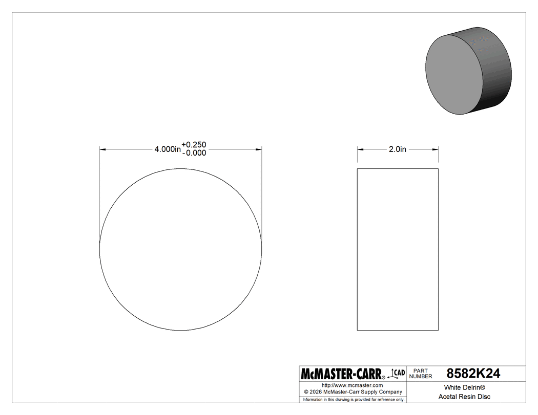 Technical Drawing of White Delrin® Acetal Resin Disc, Wear-Resistant, Easy-to-Machine, 2" Long, 4" Diameter.
